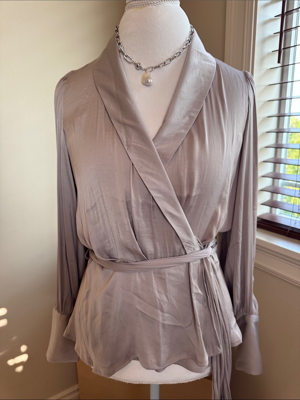 Banana Republic Mushroom Taupe Satin Wrap Blouse
